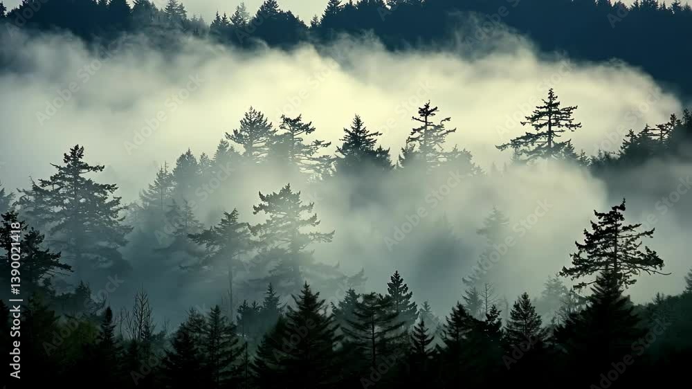 Poster Fog blankets the forest landscape at dawn creating a mystical atmosphere in the trees