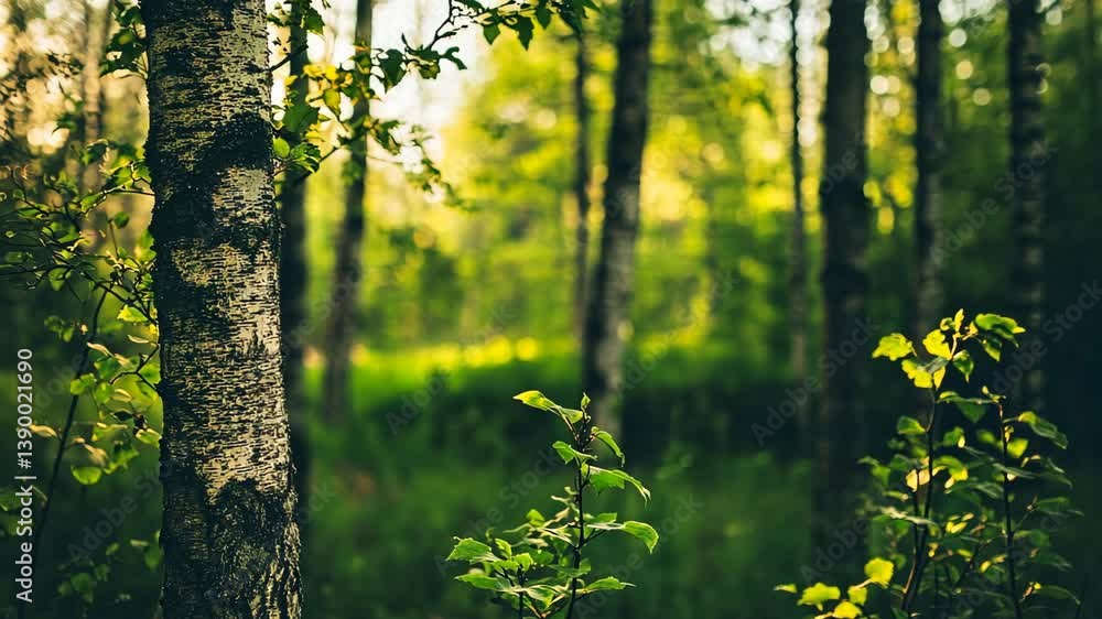 Poster sunlight filtering through a dense forest with tall trees and lush greenery during a tranquil summer