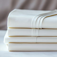 Elegant set of neatly stacked white bed sheets, showcasing a smooth and soft texture, perfect for a cozy bedroom.