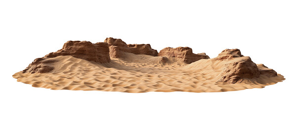 Sandy Desert Landscape With Rock Formations And Dunes  on transparent background , png , cutout