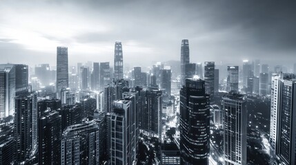 Aerial view of modern city skyline at dawn.  Possible use Business, cityscape