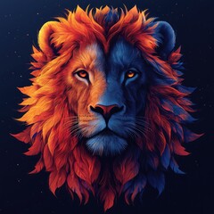 Majestic Two-Faced Lion in Fire and Ice Palette against Starry Night Sky