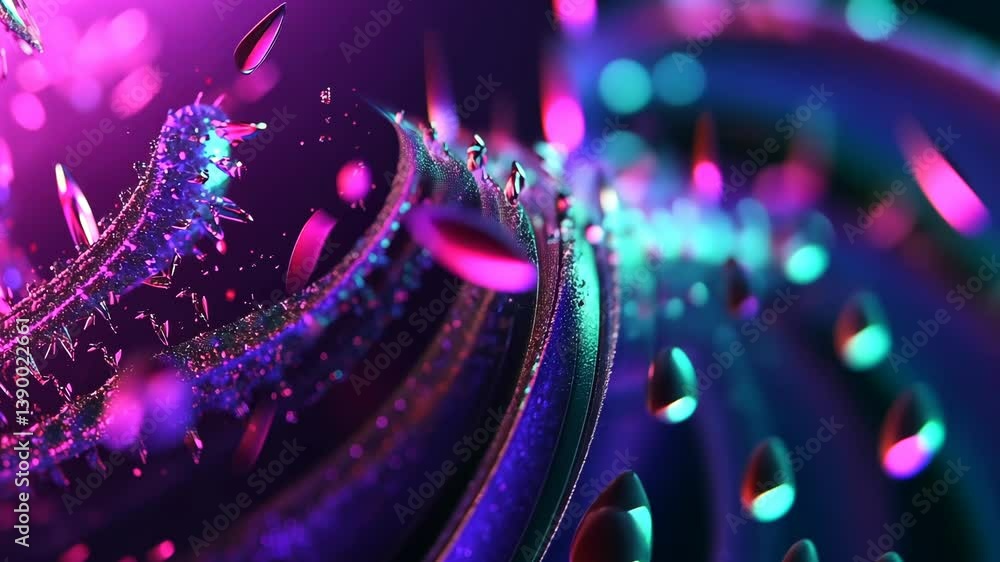 Poster vibrant abstract design with droplets and swirling patterns in colorful lighting
