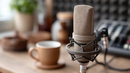 A stylish microphone sits on a wooden table next to a cup, surrounded by a calming atmosphere with plants, perfect for recording, podcasting or musical purposes.