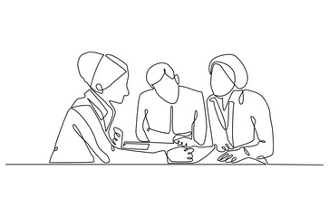 Continuous one line drawing of business meeting. Single line drawing illustration of Office workers meeting in office. Business plan concept vector art. Doodle line illustration.