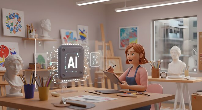 Generative AI, human collaborating with AI in an art studio to co-create an image