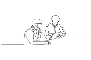 Continuous one line drawing of business meeting. Single line drawing illustration of Office workers meeting in office. Business plan concept vector art. Doodle line illustration.
