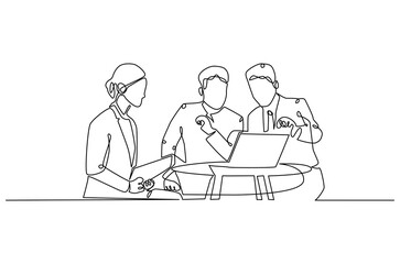 Continuous one line drawing of business meeting. Single line drawing illustration of Office workers meeting in office. Business plan concept vector art. Doodle line illustration.