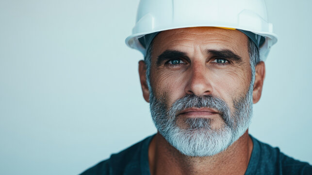 Portrait of confident architect wearing hard hat, showcasing determination and professionalism. individual exudes sense of experience and reliability in their field