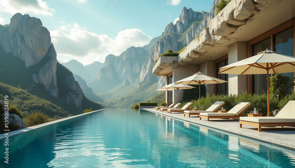 Poster a beautiful mountain view with a pool and several umbrellas. the pool is surrounded by a lush green 