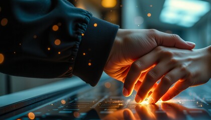 Two hands are touching each other on a computer screen. Concept of connection and warmth between the two people