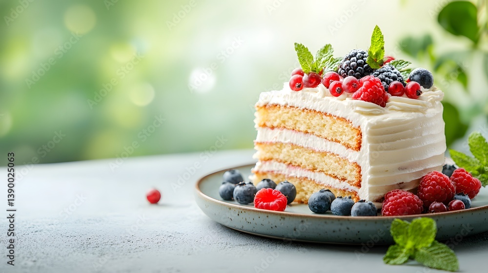 Poster indulgent layered cake adorned with an array of vibrant berries and a luscious creamy frosting creat