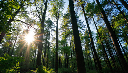 Obraz premium Sunlight Filtering Through Tall Trees in a Lush Green Forest 