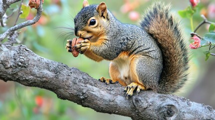 Obraz premium A squirrel sits on a branch and eats a nut