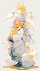 Adorable Anime Girl with Fluffy Chicks in a Dreamy Setting