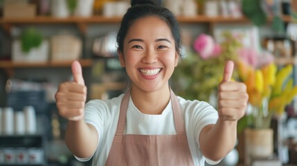 Happy business owner giving thumbs up in cozy cafe setting, showcasing enthusiasm and positivity. warm atmosphere is enhanced by colorful flowers and welcoming environment