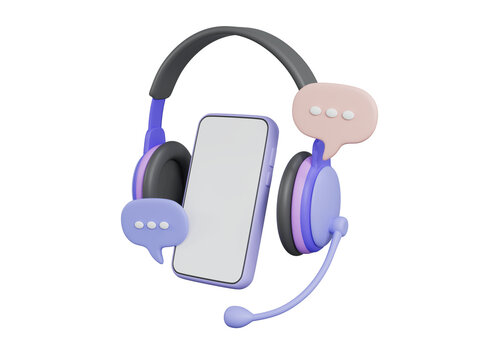 3D Headphones and smartphone with message, Customer support and hotline service for help and FQA Concept, 3D Rendering illustration