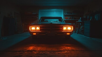 Classic car in a dimly lit garage, bathed in vibrant neon hues.  Detailed interior view showcasing vintage automobile