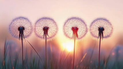  Four dandelion seed heads silhouetted against golden sunset sky in tranquil meadow. View of nature's delicate beauty and peaceful evening moments. Stillness in the wild. - Powered by Adobe