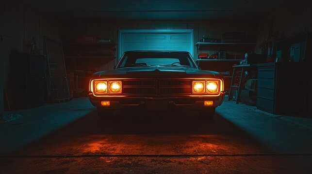 Fototapeta Classic car in a dimly lit garage, bathed in vibrant neon hues.  Detailed interior view showcasing vintage automobile
