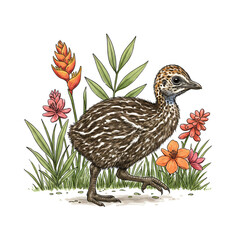Illustration of a young cassowary bird among tropical flowers and grass