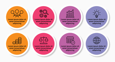 8 steps infographic template with 8 options. Flowchart that can be used for business report, data visualization and presentation. Timeline infographic elements vector illustration.