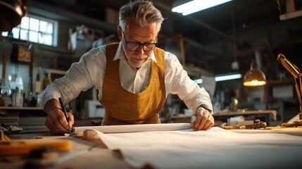 Tailor Working with Fabric in Earthy Toned Workshop
