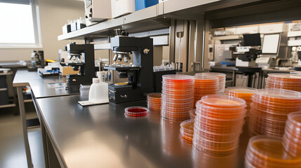 microbiology lab with microscopes, petri dishes, and agar plates on metal countertops, ready for bacterial culture experiments 