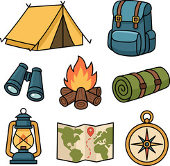 Collection of camping gear. The items  a tent, a backpack, binoculars, a campfire, a sleeping bag, a lantern, a map, and a compass.