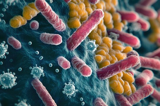 Microscopic view of bacteria and viruses, showcasing diverse microbial life and potential infection. - Powered by Adobe