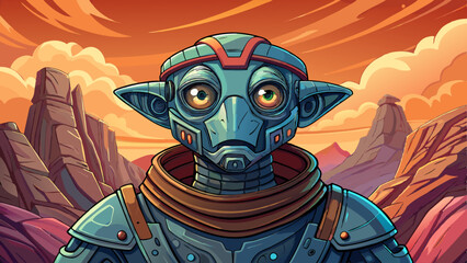 Robot portrait on an alien rock formation under a strange colored sky, alien banner in the desert