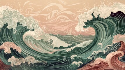 Pixel art ocean wave landscape, teal, green, beige, and brown tones. Crashing waves, textured water, sunset sky.