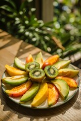 Colorful tropical fruit mix freshly cut healthy summer snack