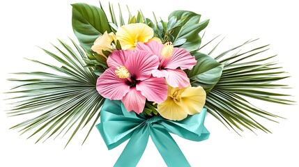 A colorful bouquet of pink and yellow flowers, including daisy and chrysanthemum blossoms, isolated to showcase their spring beauty