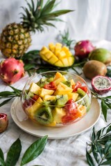 Colorful tropical fruit mix freshly cut healthy summer snack