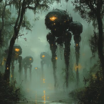 Surreal biomechanical sentinels emerge from misty forest landscape