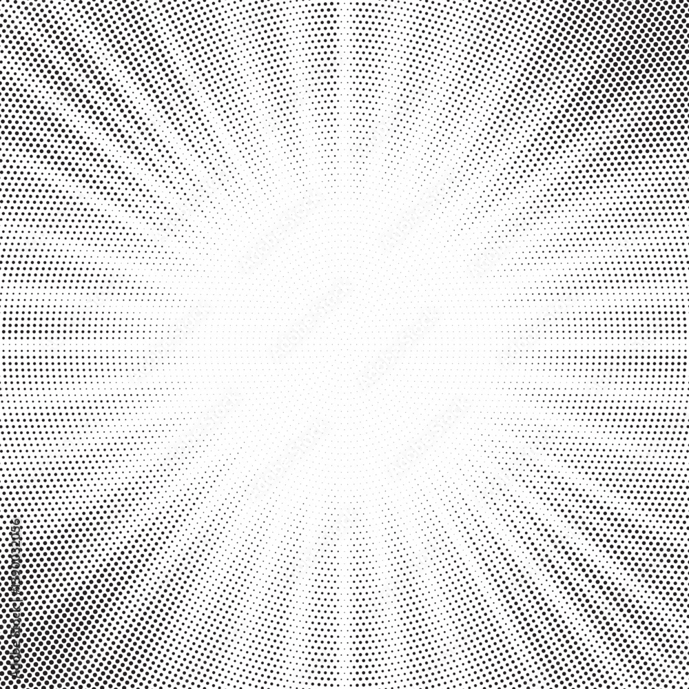 Fototapete Halftone gradient sun rays pattern. Abstract halftone vector dots background. monochrome dots pattern. Vector background in comic book style with sunburst rays and halftone. Retro pop art design.