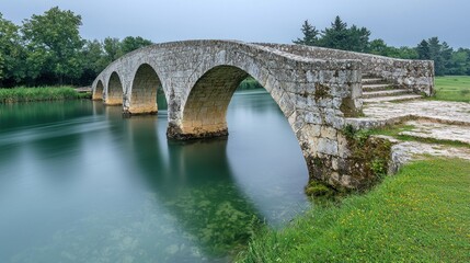 Fototapeta premium Ancient stone bridge over a serene river