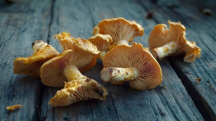 Fresh chanterelle mushrooms on rustic wooden surface