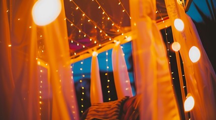 A cozy arrangement of soft curtains and twinkling lights