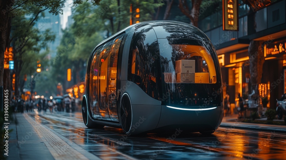 Poster a self driving delivery vehicle navigates vibrant city streets teeming with activity, illustrating t