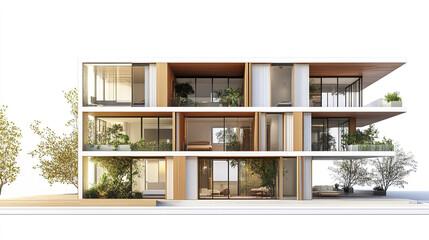 Fototapeta premium Modern apartment building with large windows and balconies, surrounded by trees