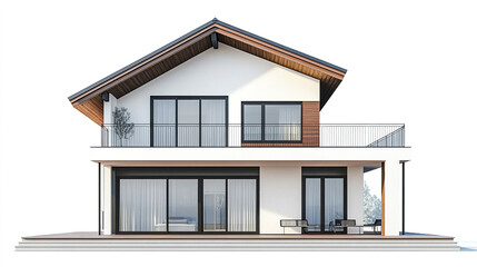 Modern two story house with large windows and balcony, designed for rental