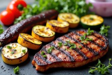 Grilled Vegetables and Pepper Steak Platter with Various Garnishes