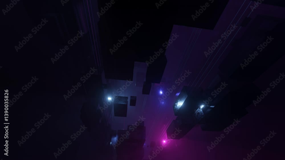 Aufkleber sci-fi constructions, mysterious 3d objects in fog. fly through technology cyberspace with neon glow