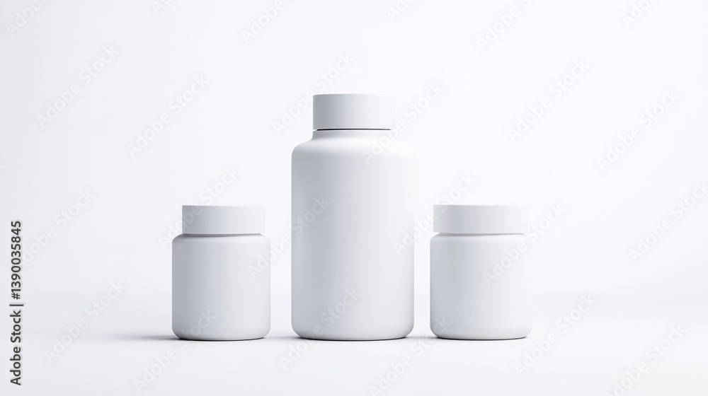 Poster white pill bottles two smaller sizes minimalist style clean studio lighting centered product shot sm