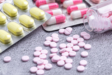 Variety of medicines and drugs.Medicine and healthcare concept.Variety of medicines and...