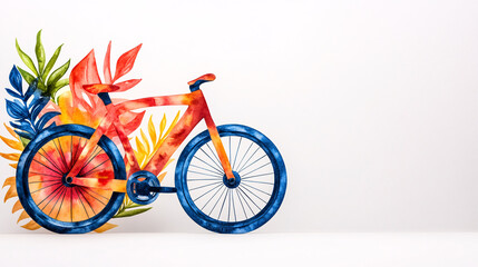 Fototapeta premium vibrant watercolor bicycle with colorful leaves creates lively and artistic nature inspired design. blend of blue and orange hues adds dynamic and eco friendly feel to composition