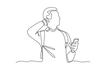 Single continuous line drawing of male businessman comes home while playing on his cell phone. work minimalist concept. Back home after work illustration.