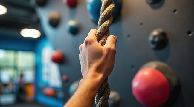 hand gripping climbing rope in gym setting, showcasing determination and strength while preparing for ascent